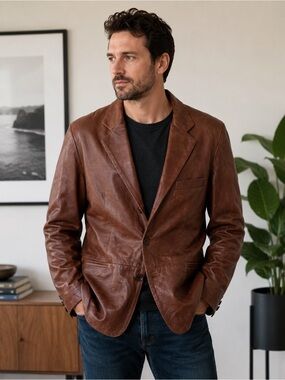 Paris Dakar Vintage Mens Genuine Brown Leather 2 Button Blazer Jacket, 60, XL